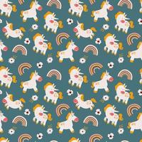 Seamless pattern with unicorns, flowers and rainbows. vector