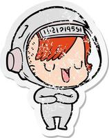 distressed sticker of a cartoon astronaut woman vector