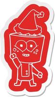 happy cartoon  sticker of a robot waving hello wearing santa hat vector