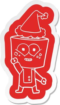 happy cartoon  sticker of a robot waving hello wearing santa hat