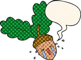 cartoon crying acorn and speech bubble in comic book style vector