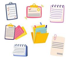 Contract documents and folders set. Documents with paper sheets, signatures and sticky notes. Employment business and finance. Hiring. Vector cartoon illustration isolated on a white background.