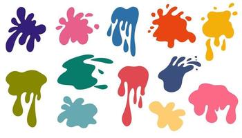 Spray paint set. Colorful collection of splashes, liquids of decorative shapes. Various splashes and drops, cartoon splashes. Colored link paints. Vector cartoon illustration isolate