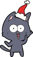 funny line drawing of a cat wearing santa hat vector