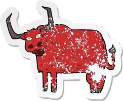 pegatina retro angustiada de una vaca peluda de dibujos animados vector