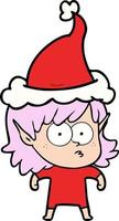 line drawing of a elf girl staring wearing santa hat vector