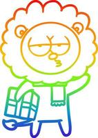 rainbow gradient line drawing cartoon tired lion with gift vector