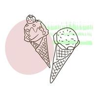 Pair of ice cream, sweet cream, frozen juice, doodle style vector