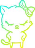 línea de gradiente frío dibujo lindo gato de dibujos animados con arco vector