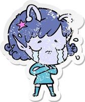 distressed sticker of a cartoon crying alien girl vector