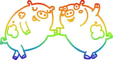 rainbow gradient line drawing cartoon pigs dancing vector