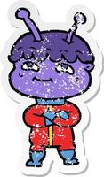 distressed sticker of a friendly cartoon spaceman vector