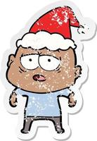 distressed sticker cartoon of a tired bald man wearing santa hat vector