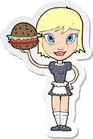 pegatina de una camarera de dibujos animados con hamburguesa vector