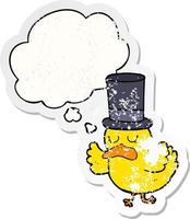 cartoon duck wearing top hat and thought bubble as a distressed worn sticker vector