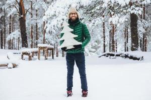Portrait of man with thick beard and musatche has pleased expression, walks in beautiful winter forest, holds small white artificial fir tree, advertises ir before coming New Year holidays photo
