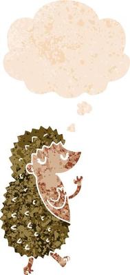 cartoon hedgehog and thought bubble in retro textured style