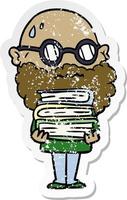 distressed sticker of a cartoon worried man with beard and stack of books vector