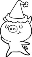 happy line drawing of a pig wearing santa hat vector