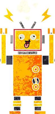 retro illustration style cartoon malfunctioning robot