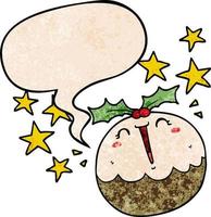 cute cartoon happy christmas pudding and speech bubble in retro texture style vector