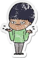 distressed sticker of a annoyed cartoon boy vector