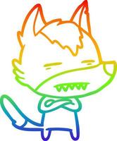 dibujo de línea de gradiente de arco iris lobo de dibujos animados que muestra los dientes vector