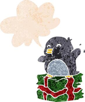 pingüino de dibujos animados en presente y burbuja de habla en estilo retro texturizado vector