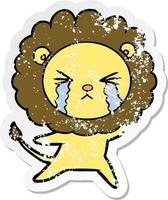 distressed sticker of a cartoon crying lion vector