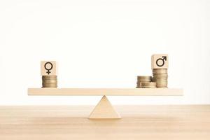 Wage gap between men and women concept. Wooden block with gender symbol on stacked coins on a seesaw. Copy space