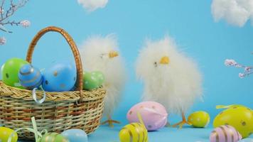 Easter background. Easter chicks, korkhina with eggs. happy easter card. Clouds video