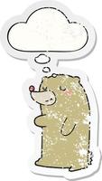 cute cartoon bear and thought bubble as a distressed worn sticker vector