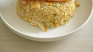 fried rice with grilled salmon fillet steak on white plate video