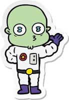 sticker of a waving weird bald spaceman vector