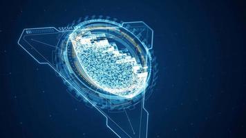 gráfico de movimiento del escudo de seguridad azul con triángulo 3d y rotación de círculo 3d con interfaz de tecnología hud ui y fondo abstracto de elementos futuristas video