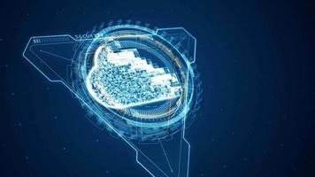 gráfico de movimento de computação em nuvem azul e forma de triângulo 3d com interface de tecnologia de rotação de círculo hud e fundo abstrato de elementos futuristas video