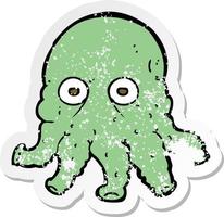 retro distressed sticker of a cartoon alien squid face vector