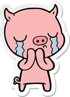 sticker of a cartoon pig crying vector