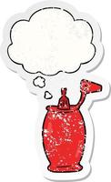 botella de ketchup de dibujos animados y burbuja de pensamiento como una pegatina gastada angustiada vector
