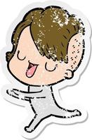 distressed sticker of a cute cartoon girl with hipster haircut vector