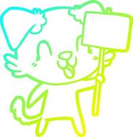cold gradient line drawing laughing cartoon dog with sign vector