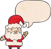 cartoon santa claus waving and speech bubble in retro texture style vector