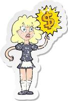 retro distressed sticker of a cartoon waitress with money symbol