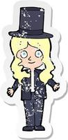 retro distressed sticker of a cartoon woman wearing top hat vector