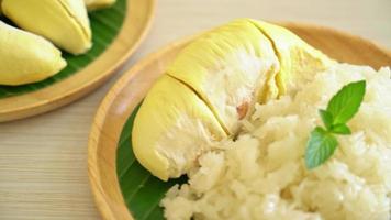 durian con arroz pegajoso - cáscara dulce de durian con frijol amarillo, arroz durian maduro cocinado con leche de coco - postre tailandés asiático comida de frutas tropicales de verano video