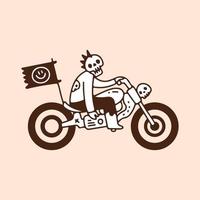 Punk skull riding motorbike with smile face flag, illustration for t-shirt, street wear, sticker, or apparel merchandise. With doodle, retro, and cartoon style. vector