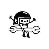 Rider skull sitting on wrench, illustration for t-shirt, poster, sticker, or apparel merchandise. With retro cartoon style vector