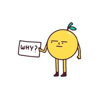 Bored lemon character holding paper with why typography, illustration for t-shirt, sticker, or apparel merchandise. With doodle, retro, and cartoon style. vector