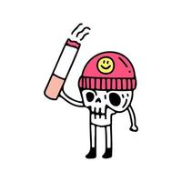 Cute skull in beanie hat holding cigarette, illustration for t-shirt, sticker, or apparel merchandise. With doodle, retro, and cartoon style. vector
