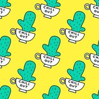 taza de café y cactus, ilustración de fondo de patrones sin fisuras para camisetas, pegatinas o prendas de vestir. con estilo garabato, retro y caricatura. vector